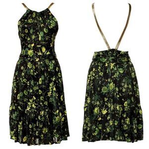 Gucci Resort Floral Logo Print Metallic Leather Criss Cross Strap Halter Dress